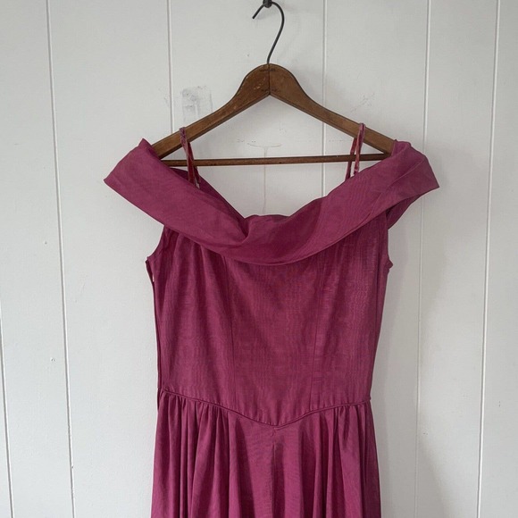 Vintage 1930s-1950s Fuschia Moire Evening/Formal/Cocktail Dress Off Shoulder - Picture 5 of 7